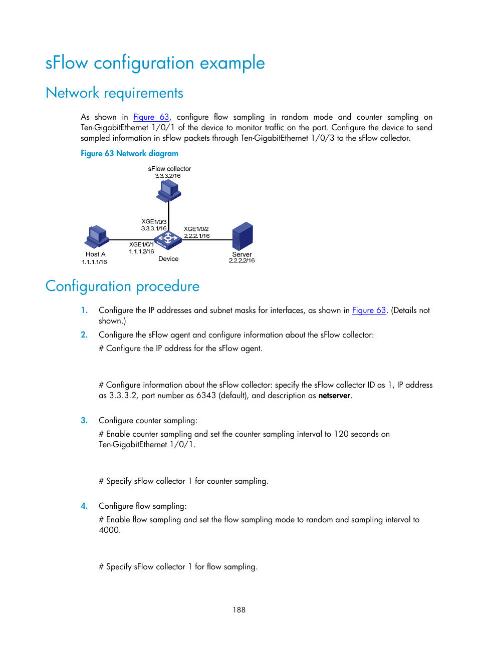 Sflow configuration example, Network requirements, Configuration procedure | H3C Technologies H3C S6300 Series Switches User Manual | Page 201 / 306