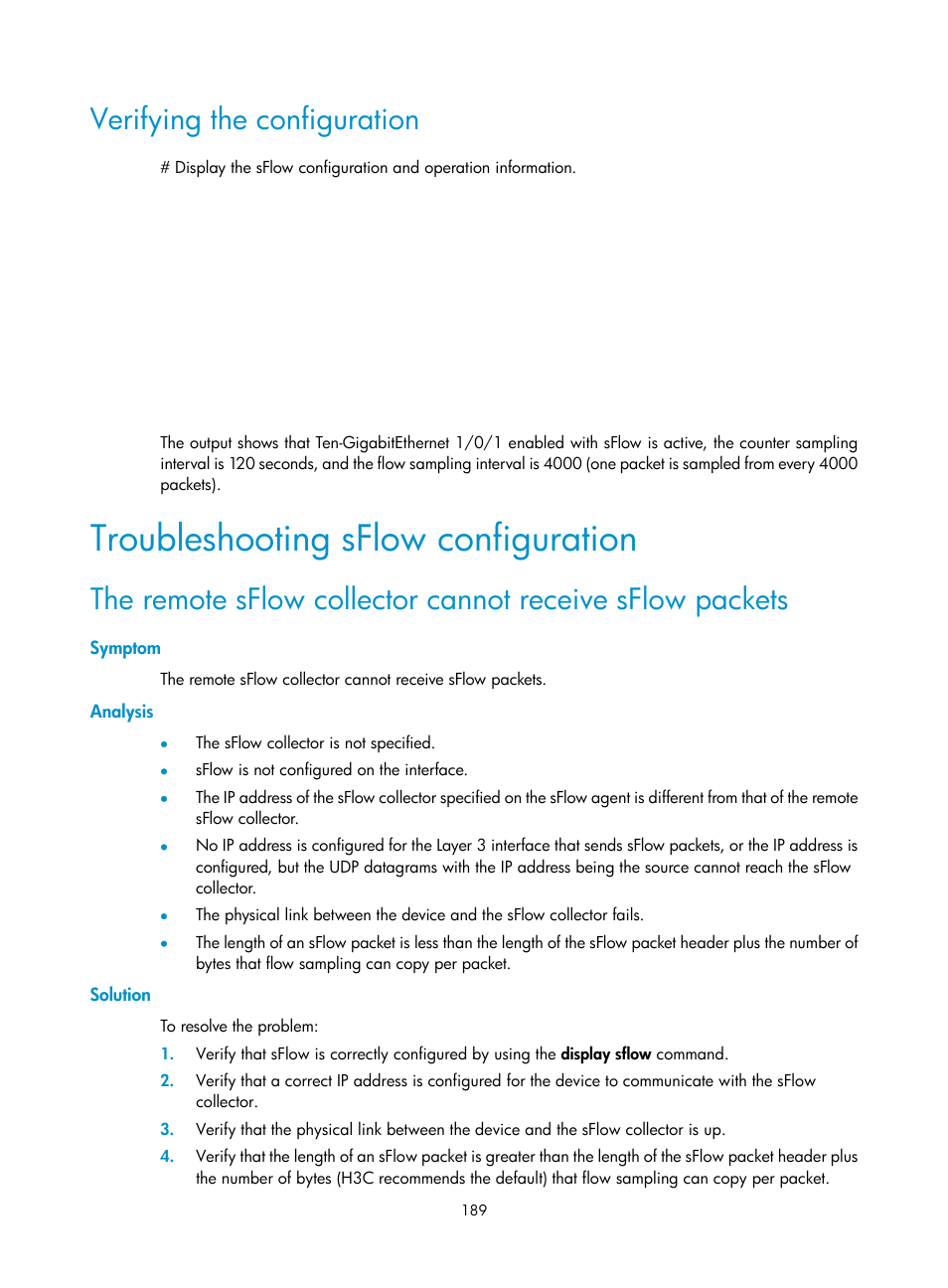 Verifying the configuration, Troubleshooting sflow configuration, Symptom | Analysis, Solution | H3C Technologies H3C S6300 Series Switches User Manual | Page 202 / 306