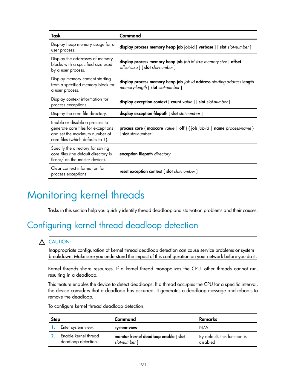 Monitoring kernel threads, Configuring kernel thread deadloop detection | H3C Technologies H3C S6300 Series Switches User Manual | Page 204 / 306