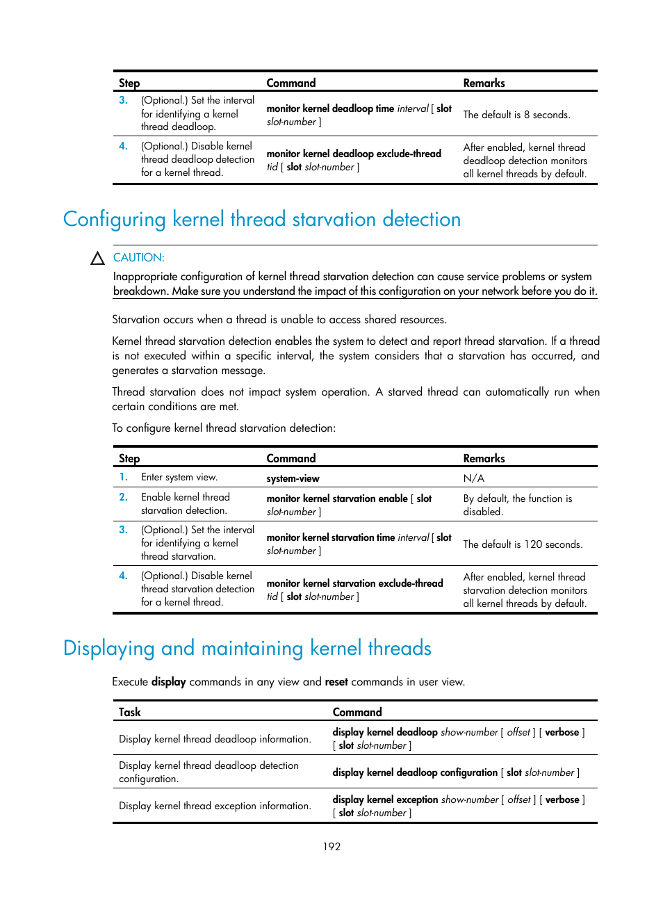 Configuring kernel thread starvation detection, Displaying and maintaining kernel threads | H3C Technologies H3C S6300 Series Switches User Manual | Page 205 / 306