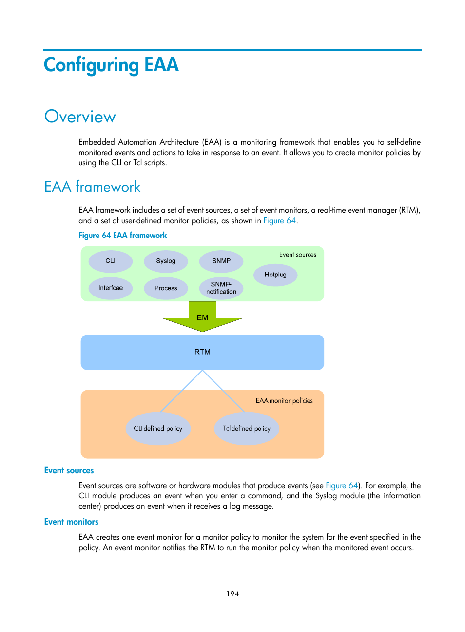 Configuring eaa, Overview, Eaa framework | Event sources, Event monitors | H3C Technologies H3C S6300 Series Switches User Manual | Page 207 / 306