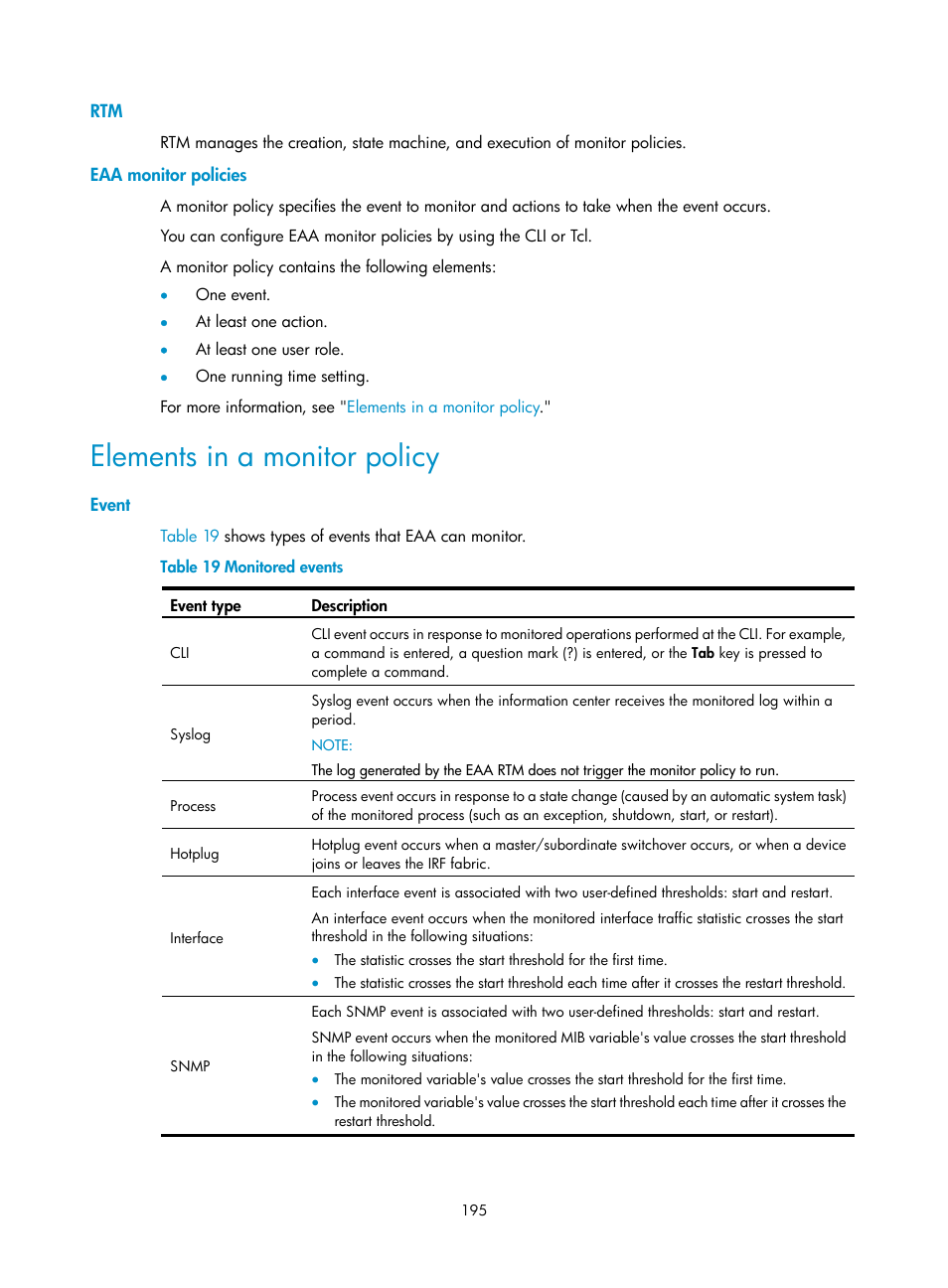 Eaa monitor policies, Elements in a monitor policy, Event | H3C Technologies H3C S6300 Series Switches User Manual | Page 208 / 306