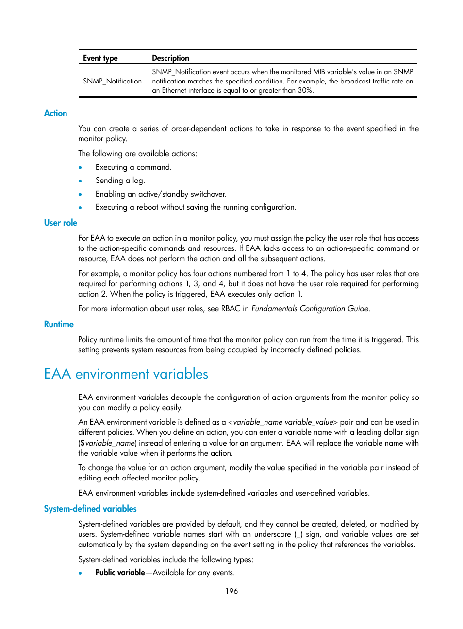 Action, User role, Runtime | Eaa environment variables, System-defined variables | H3C Technologies H3C S6300 Series Switches User Manual | Page 209 / 306