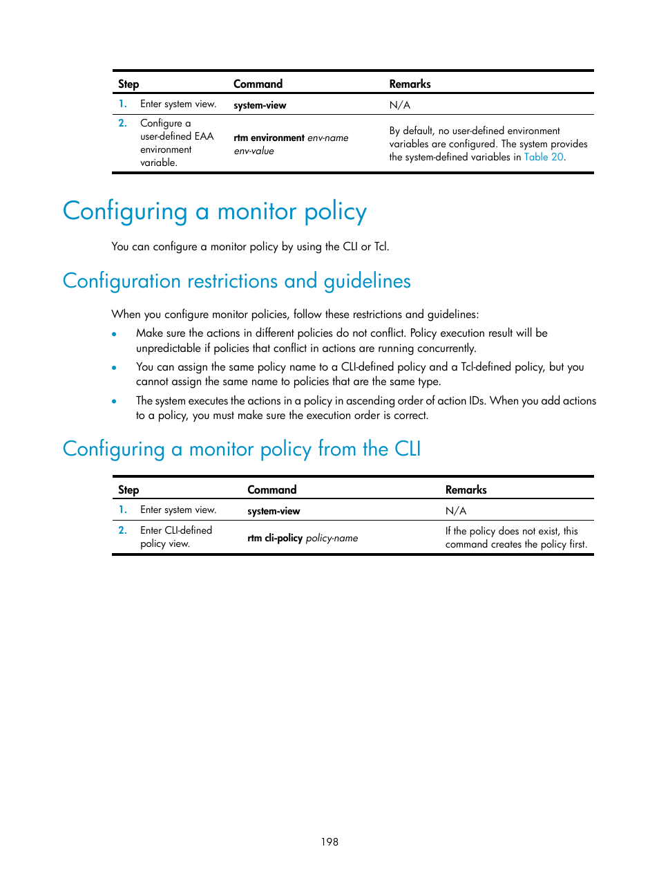 Configuring a monitor policy, Configuration restrictions and guidelines, Configuring a monitor policy from the cli | H3C Technologies H3C S6300 Series Switches User Manual | Page 211 / 306