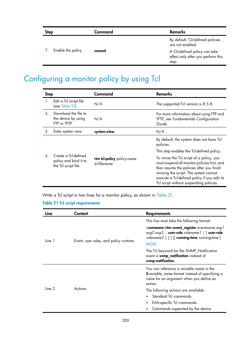 Configuring a monitor policy by using tcl | H3C Technologies H3C S6300 Series Switches User Manual | Page 213 / 306