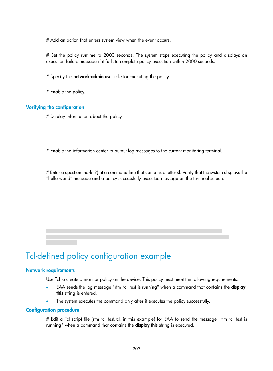 Verifying the configuration, Tcl-defined policy configuration example, Network requirements | Configuration procedure | H3C Technologies H3C S6300 Series Switches User Manual | Page 215 / 306