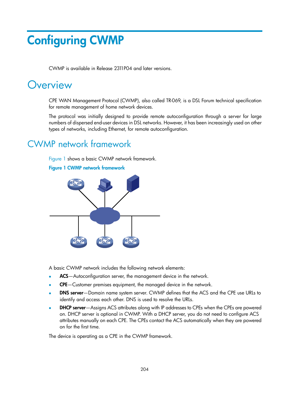 Configuring cwmp, Overview, Cwmp network framework | H3C Technologies H3C S6300 Series Switches User Manual | Page 217 / 306