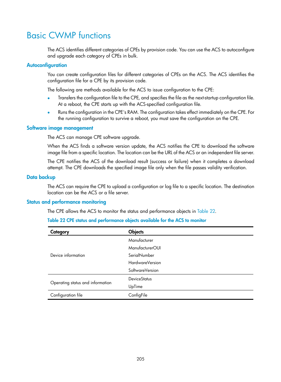 Basic cwmp functions, Autoconfiguration, Software image management | Data backup, Status and performance monitoring | H3C Technologies H3C S6300 Series Switches User Manual | Page 218 / 306