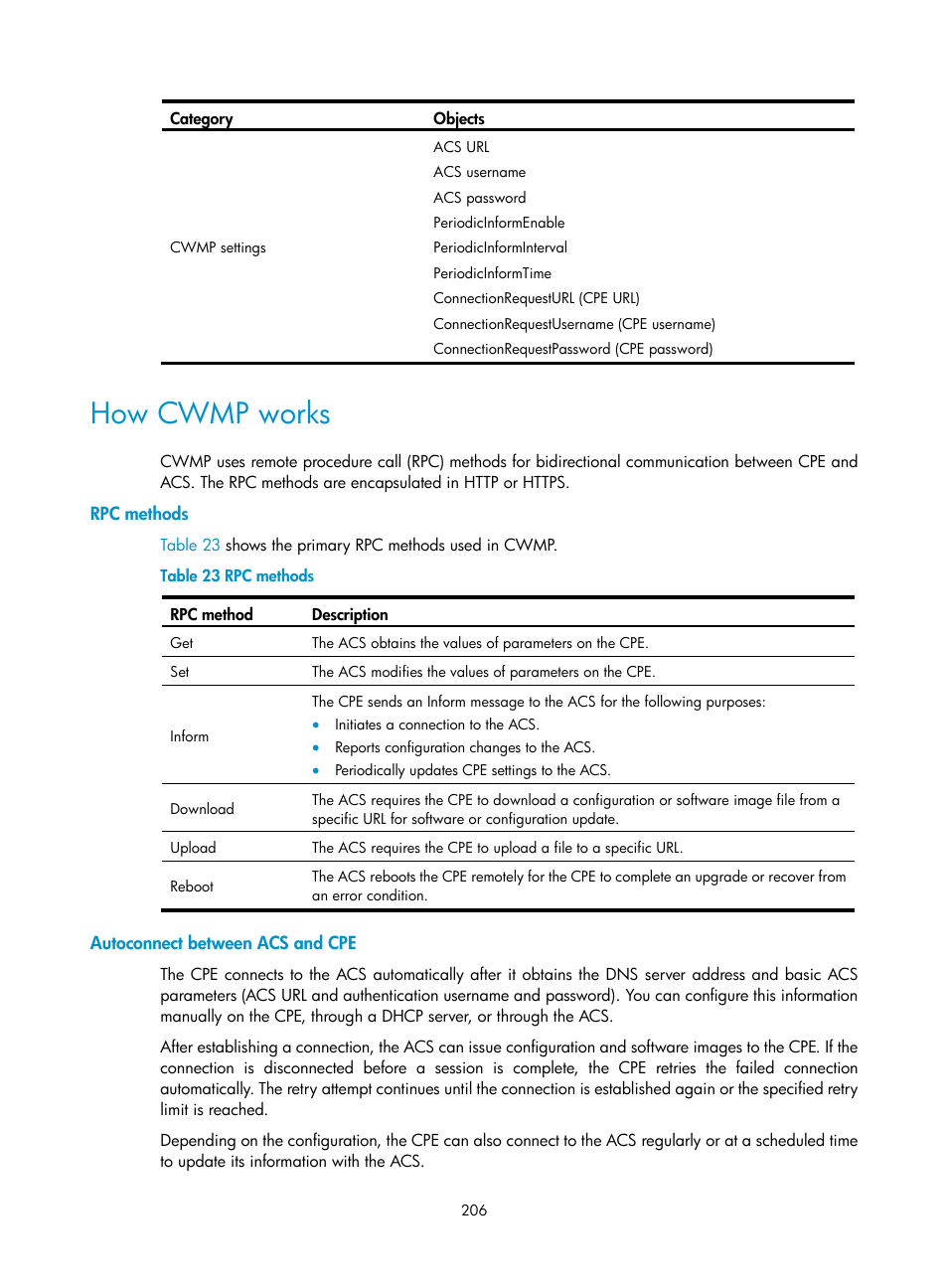 How cwmp works, Rpc methods, Autoconnect between acs and cpe | H3C Technologies H3C S6300 Series Switches User Manual | Page 219 / 306