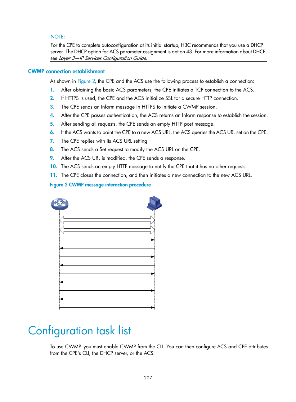 Cwmp connection establishment, Configuration task list | H3C Technologies H3C S6300 Series Switches User Manual | Page 220 / 306