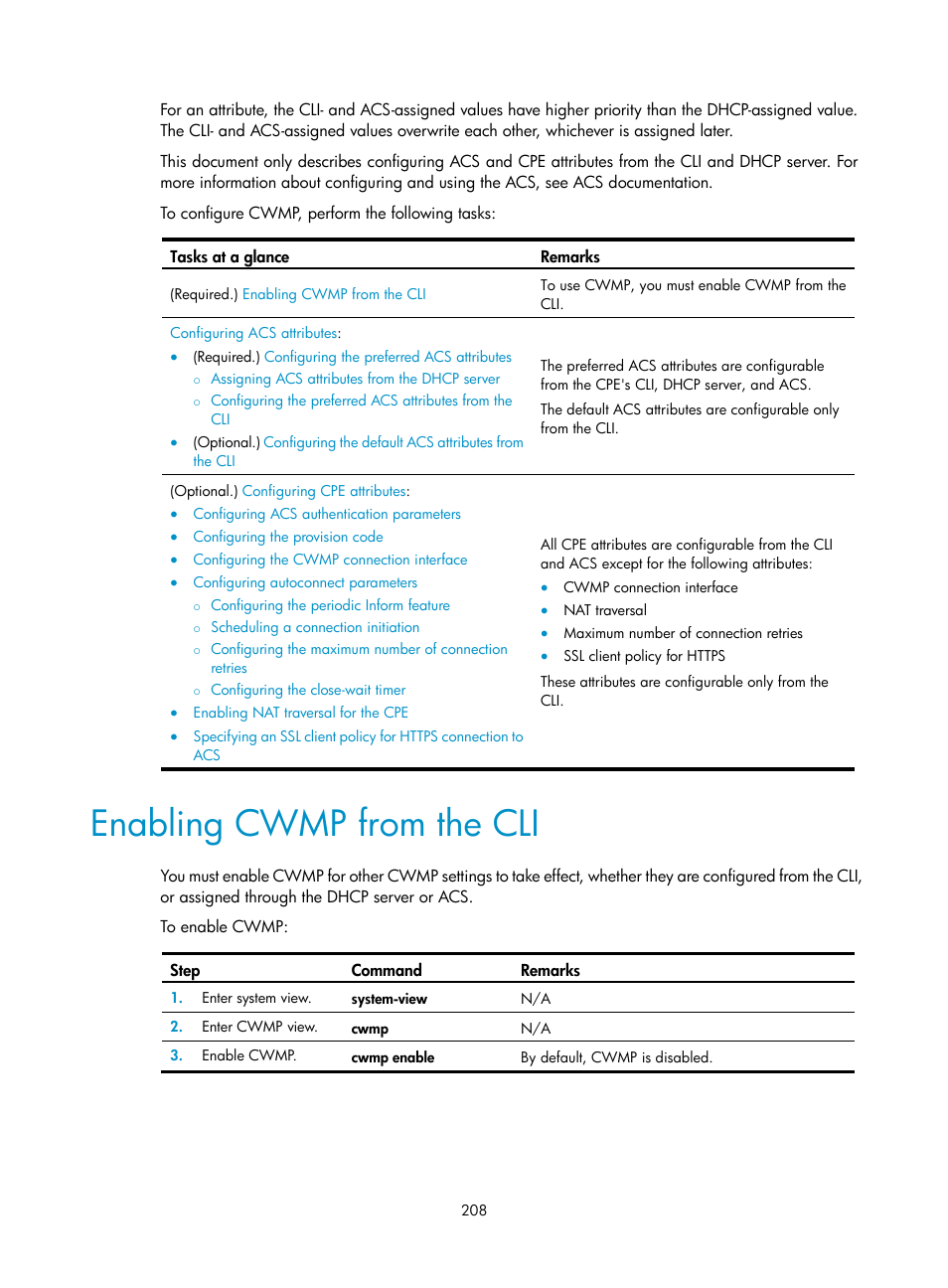 Enabling cwmp from the cli | H3C Technologies H3C S6300 Series Switches User Manual | Page 221 / 306