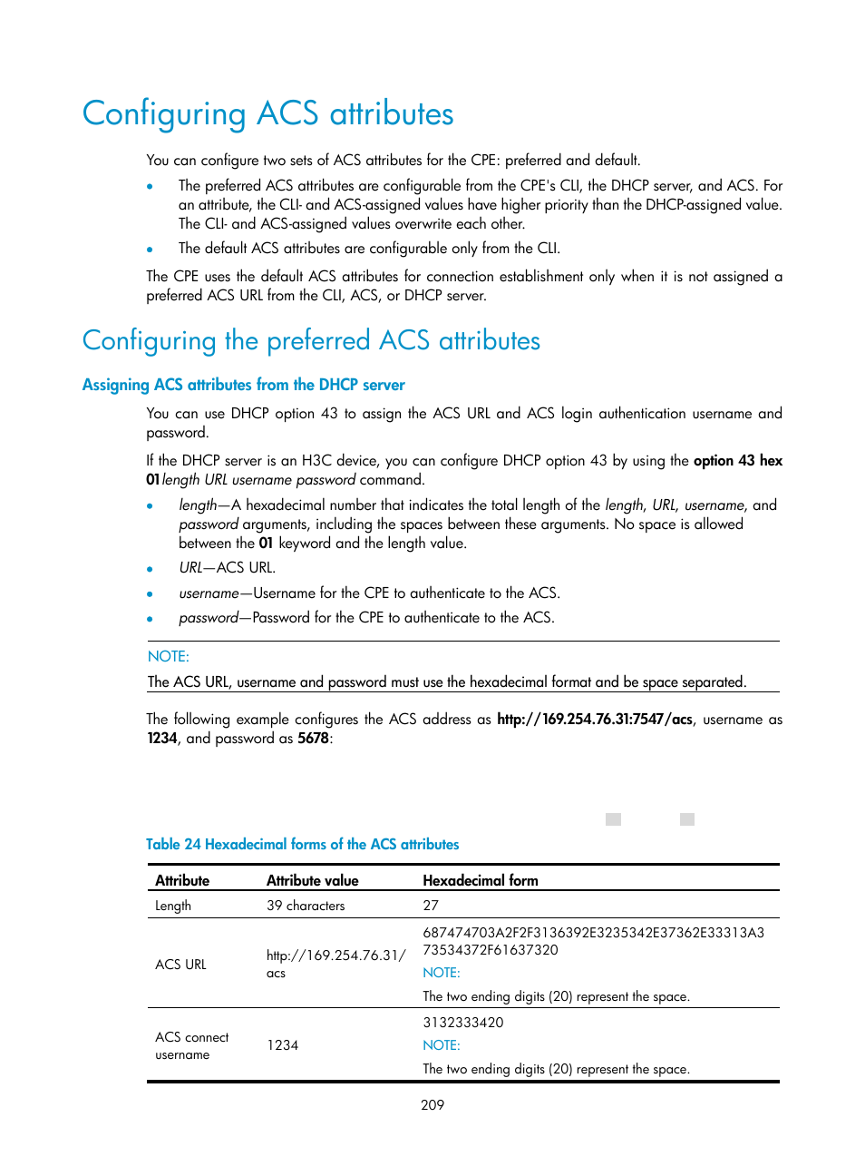 Configuring acs attributes, Configuring the preferred acs attributes, Assigning acs attributes from the dhcp server | H3C Technologies H3C S6300 Series Switches User Manual | Page 222 / 306