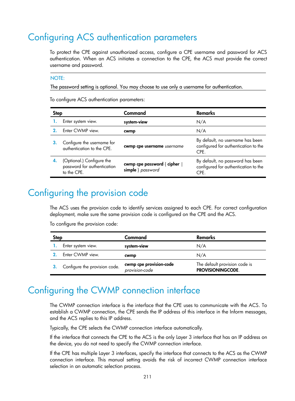 Configuring acs authentication parameters, Configuring the provision code, Configuring the cwmp connection interface | H3C Technologies H3C S6300 Series Switches User Manual | Page 224 / 306