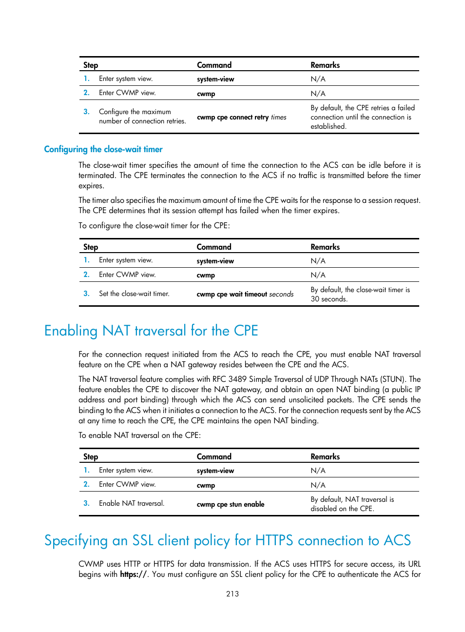 Configuring the close-wait timer, Enabling nat traversal for the cpe | H3C Technologies H3C S6300 Series Switches User Manual | Page 226 / 306