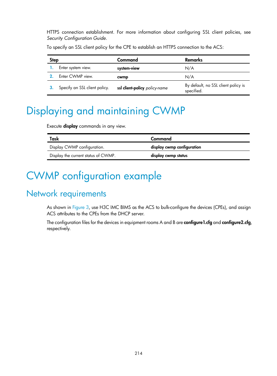 Displaying and maintaining cwmp, Cwmp configuration example, Network requirements | H3C Technologies H3C S6300 Series Switches User Manual | Page 227 / 306