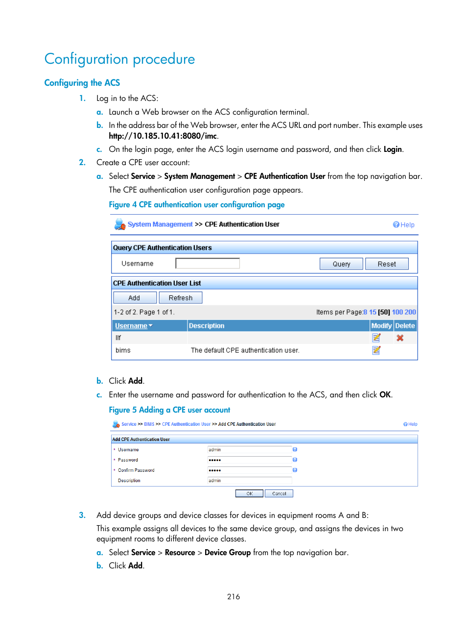 Configuration procedure, Configuring the acs | H3C Technologies H3C S6300 Series Switches User Manual | Page 229 / 306