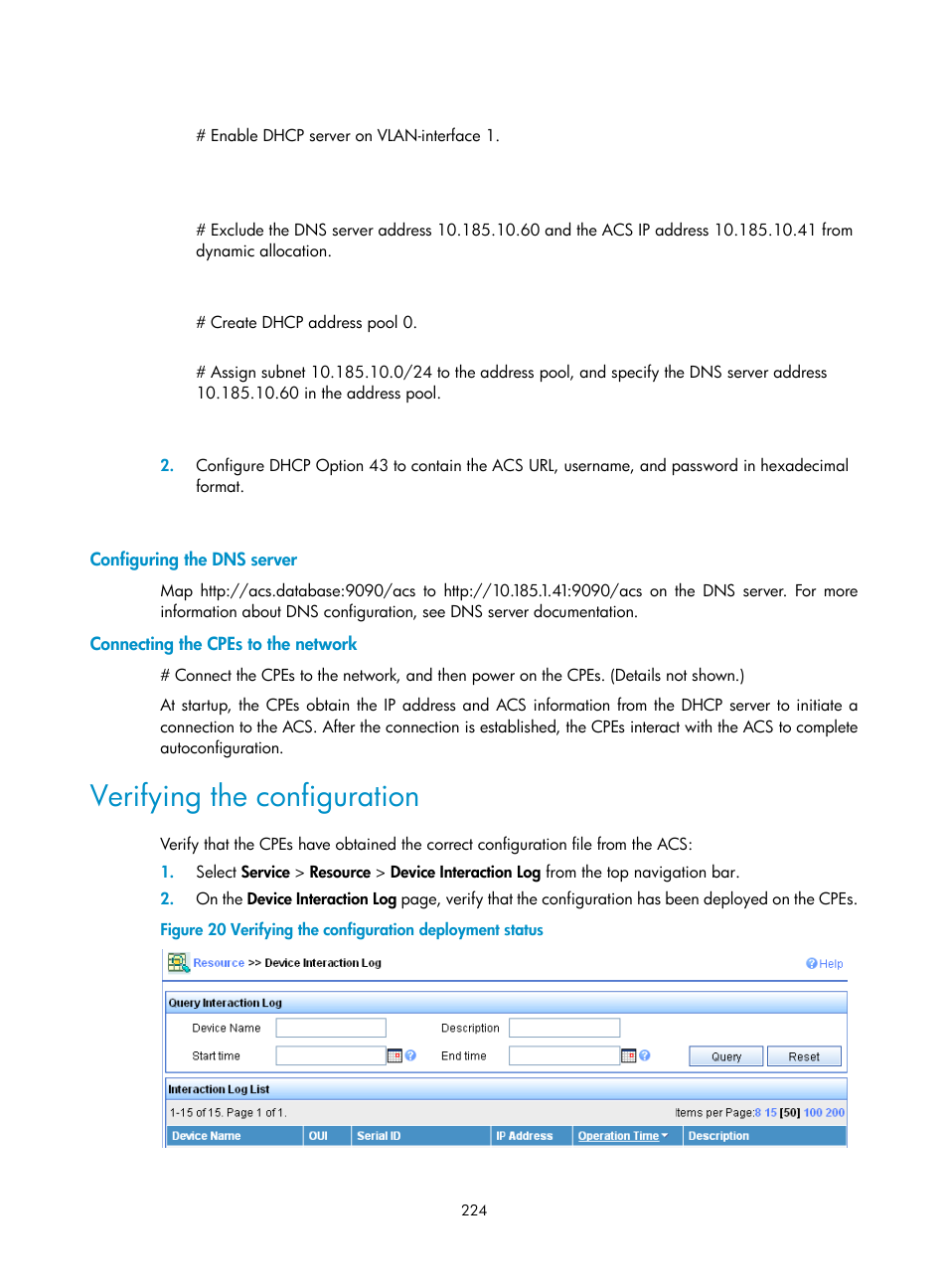 Configuring the dns server, Connecting the cpes to the network, Verifying the configuration | H3C Technologies H3C S6300 Series Switches User Manual | Page 237 / 306