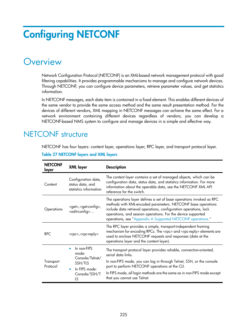 Configuring netconf, Overview, Netconf structure | H3C Technologies H3C S6300 Series Switches User Manual | Page 238 / 306