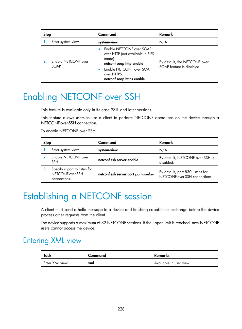 Enabling netconf over ssh, Establishing a netconf session, Entering xml view | Required.) establishing a netconf session | H3C Technologies H3C S6300 Series Switches User Manual | Page 241 / 306