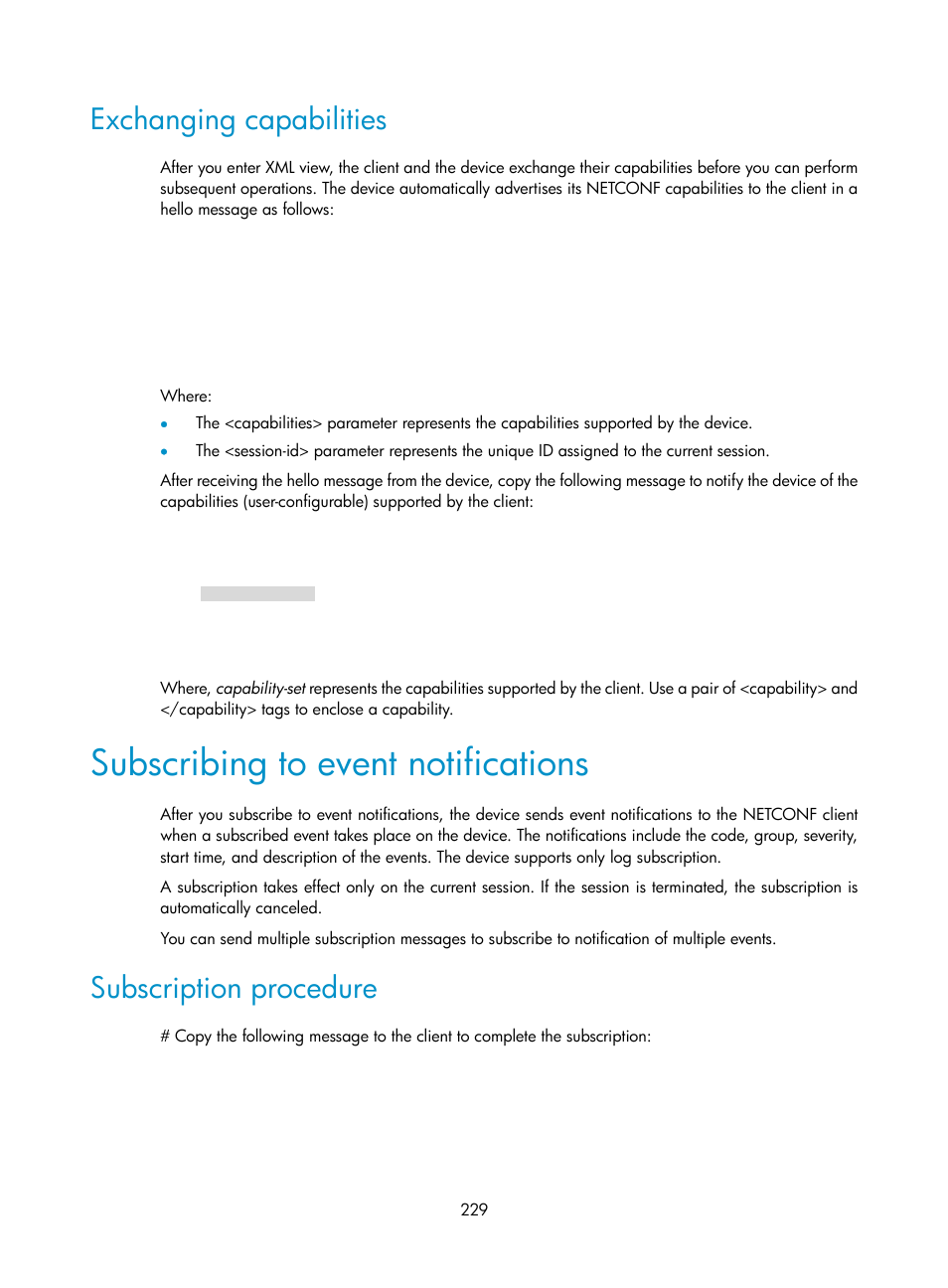 Exchanging capabilities, Subscribing to event notifications, Subscription procedure | H3C Technologies H3C S6300 Series Switches User Manual | Page 242 / 306