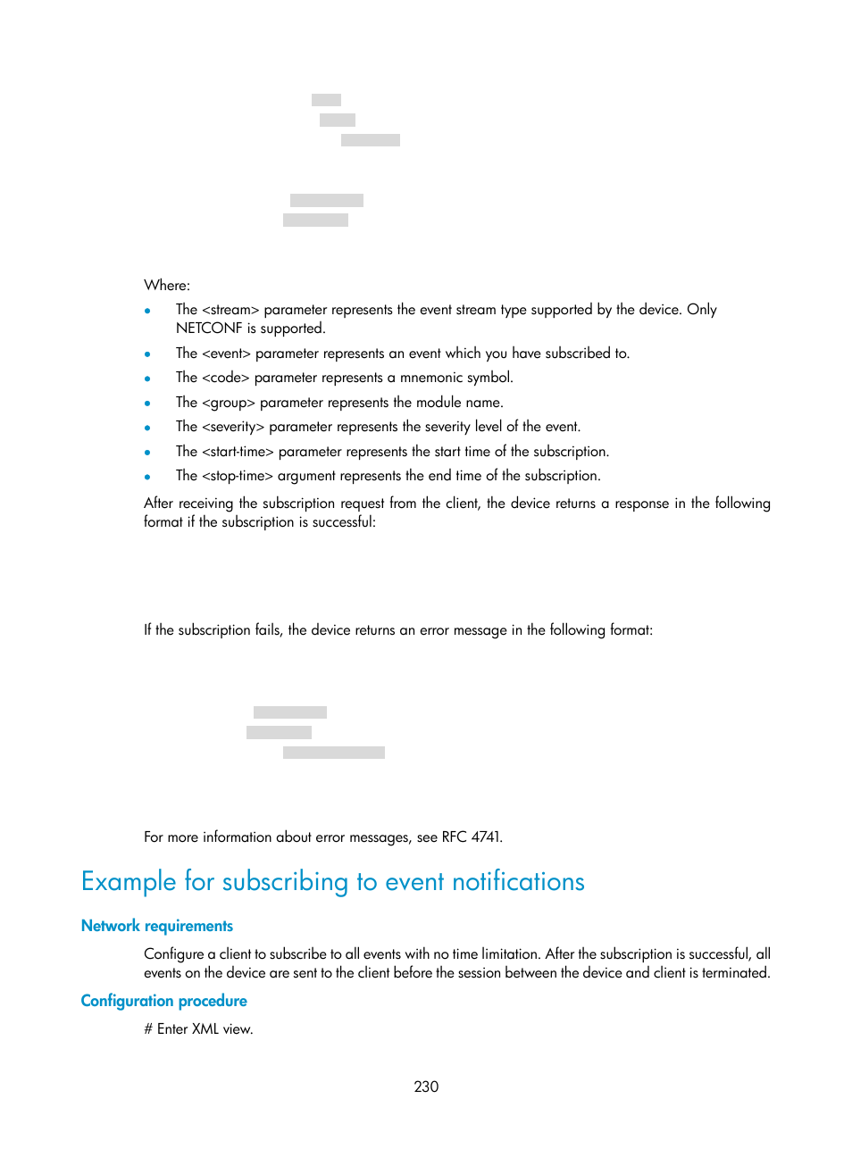 Example for subscribing to event notifications, Network requirements, Configuration procedure | H3C Technologies H3C S6300 Series Switches User Manual | Page 243 / 306