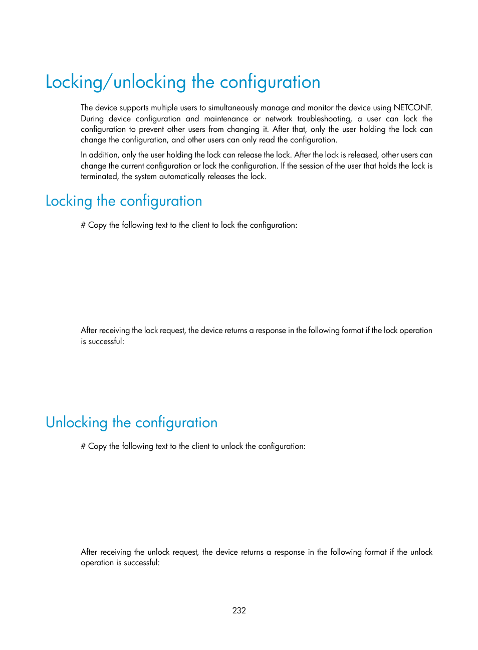 Locking/unlocking the configuration, Locking the configuration, Unlocking the configuration | H3C Technologies H3C S6300 Series Switches User Manual | Page 245 / 306