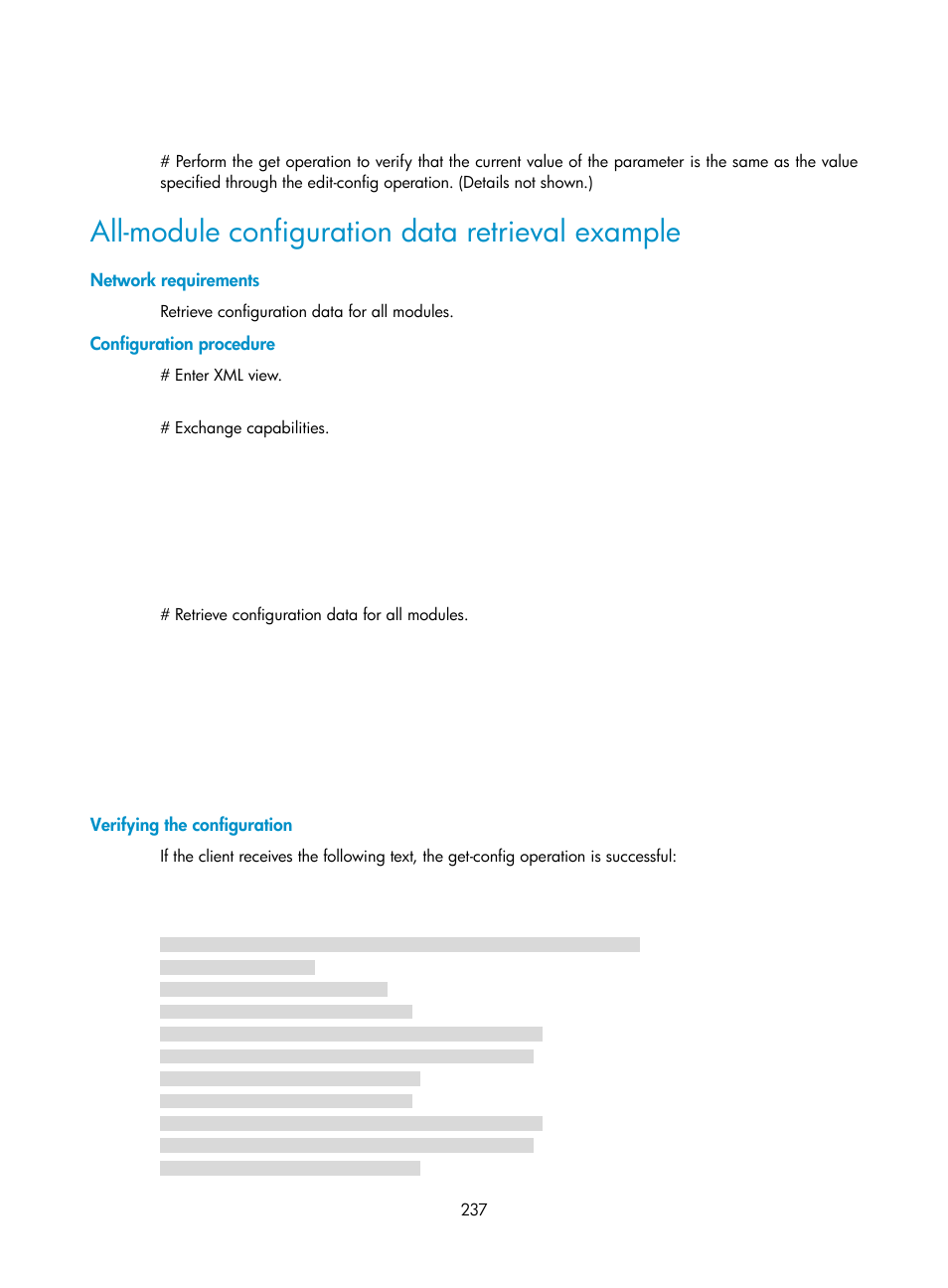 All-module configuration data retrieval example, Network requirements, Configuration procedure | Verifying the configuration | H3C Technologies H3C S6300 Series Switches User Manual | Page 250 / 306