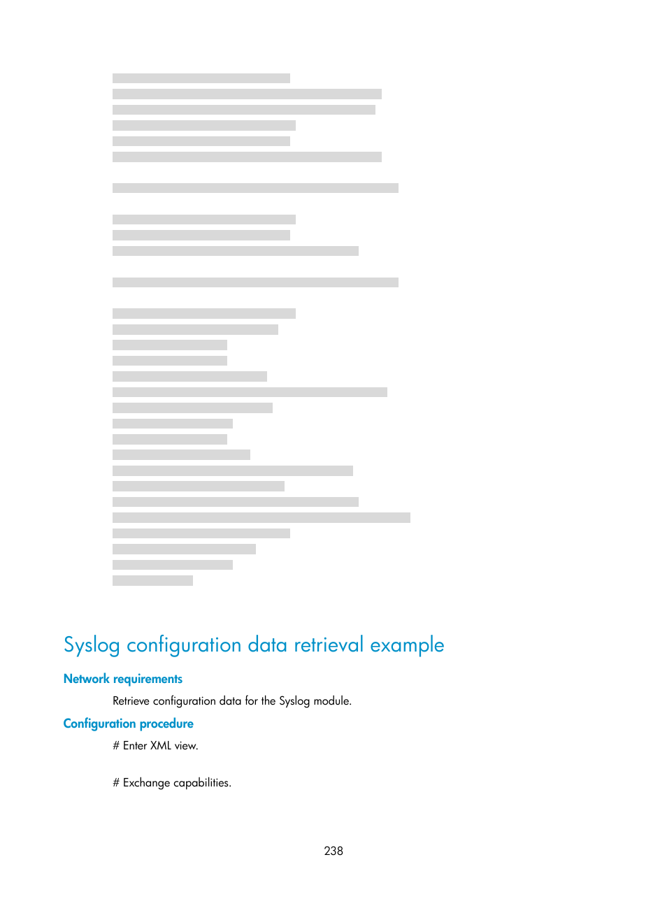 Syslog configuration data retrieval example, Network requirements, Configuration procedure | H3C Technologies H3C S6300 Series Switches User Manual | Page 251 / 306