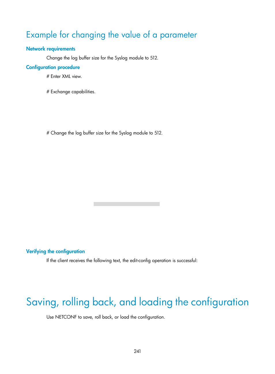 Example for changing the value of a parameter, Network requirements, Configuration procedure | Verifying the configuration | H3C Technologies H3C S6300 Series Switches User Manual | Page 254 / 306