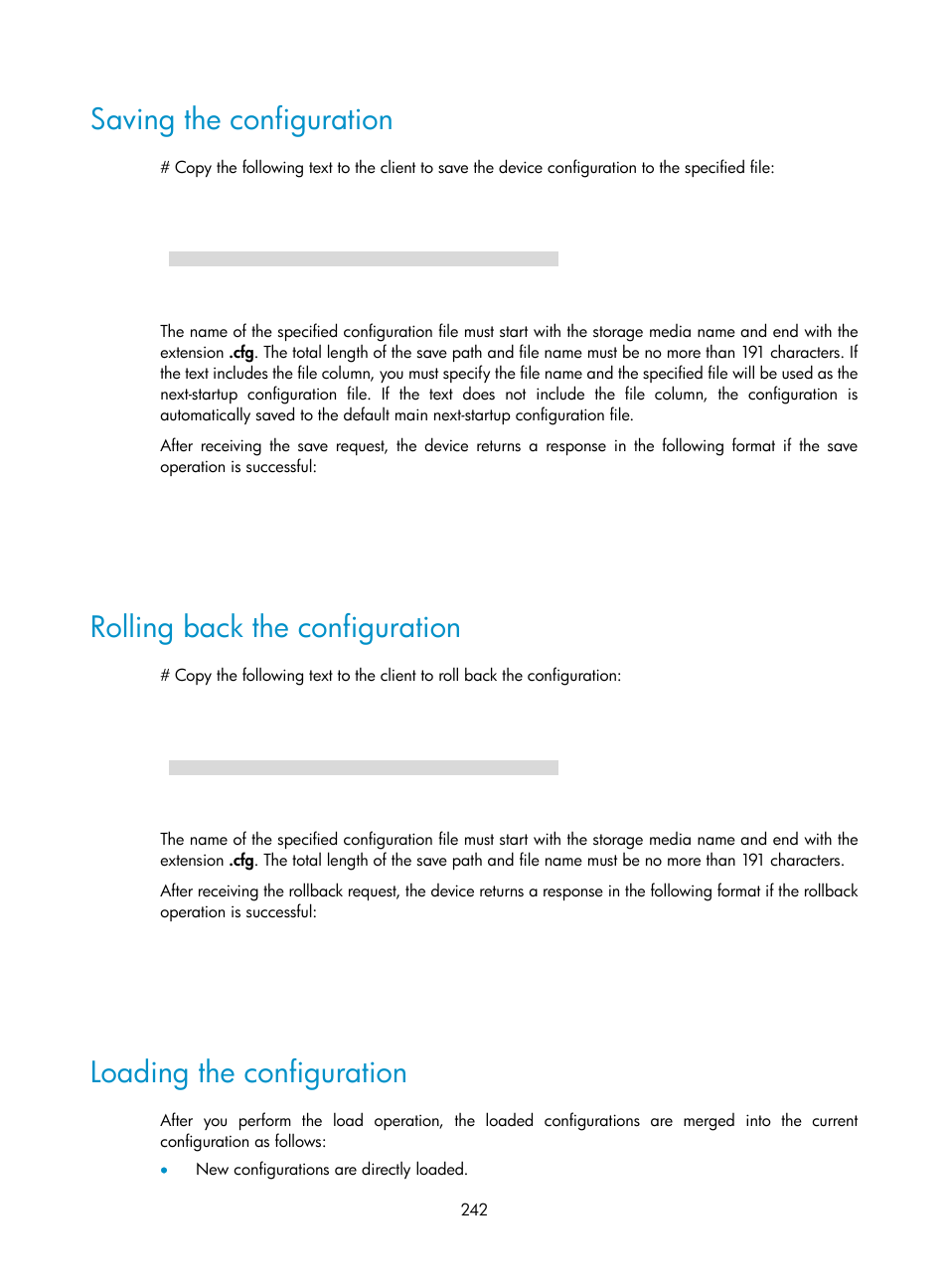 Saving the configuration, Rolling back the configuration, Loading the configuration | H3C Technologies H3C S6300 Series Switches User Manual | Page 255 / 306