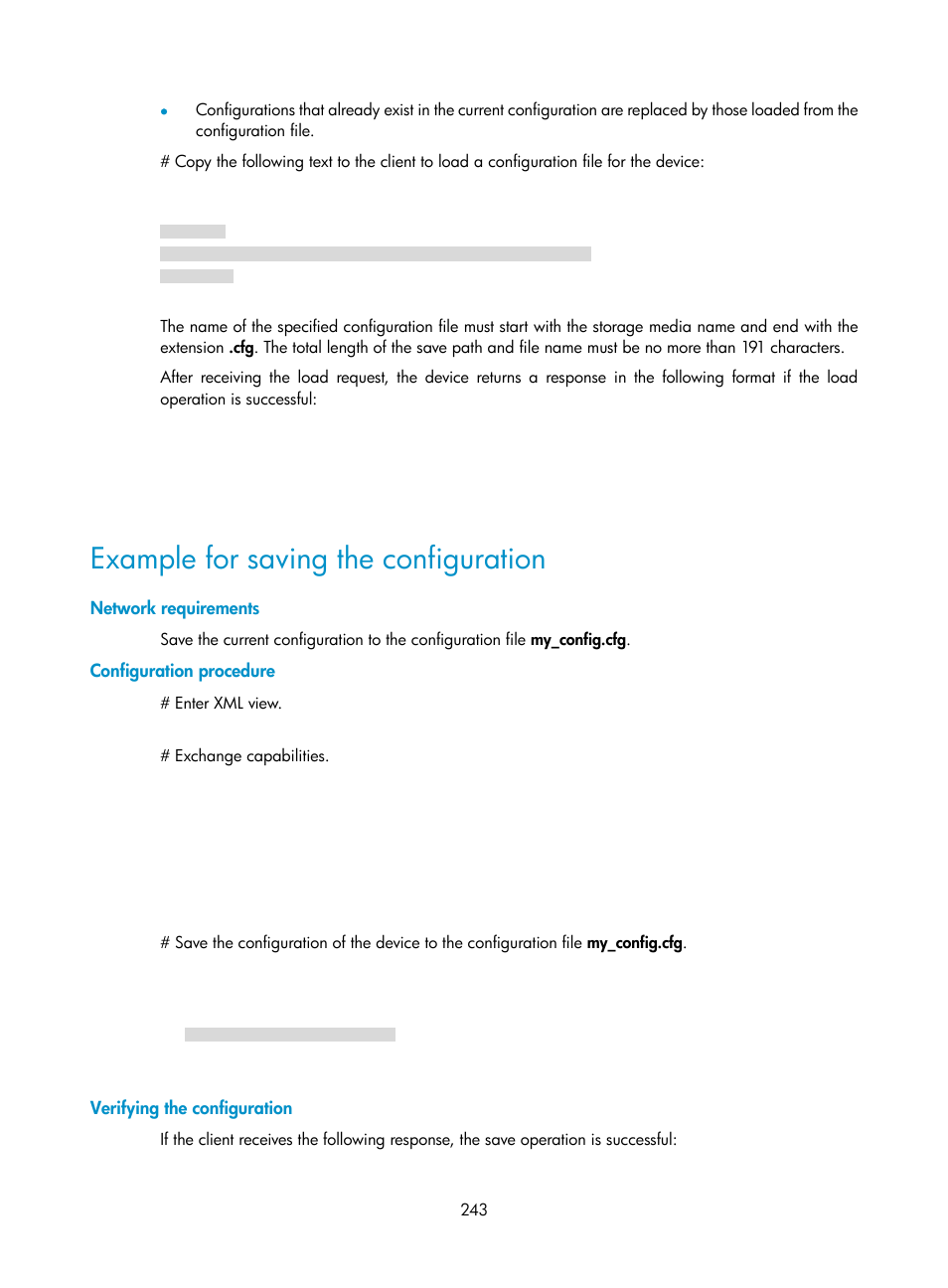 Example for saving the configuration, Network requirements, Configuration procedure | Verifying the configuration | H3C Technologies H3C S6300 Series Switches User Manual | Page 256 / 306