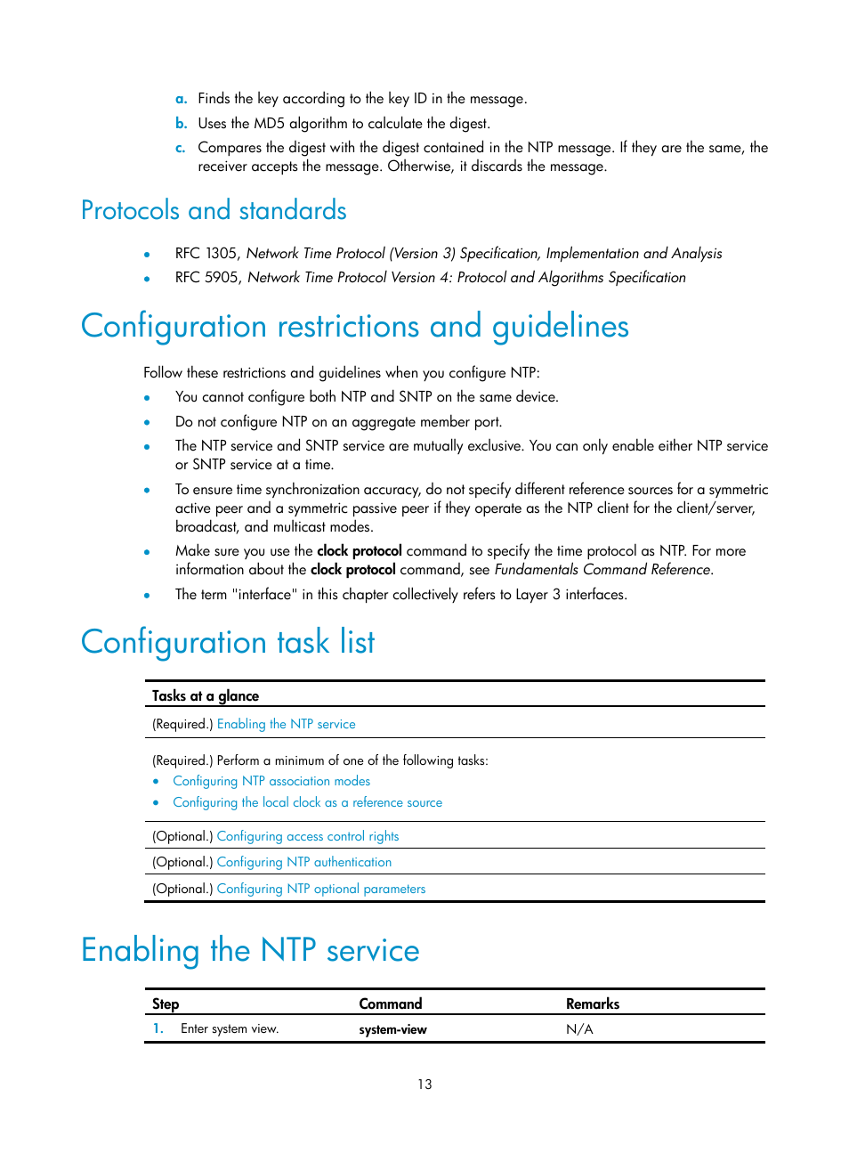 Protocols and standards, Configuration restrictions and guidelines, Configuration task list | Enabling the ntp service | H3C Technologies H3C S6300 Series Switches User Manual | Page 26 / 306