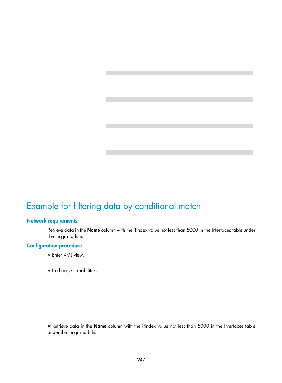 Example for filtering data by conditional match, Network requirements, Configuration procedure | H3C Technologies H3C S6300 Series Switches User Manual | Page 260 / 306