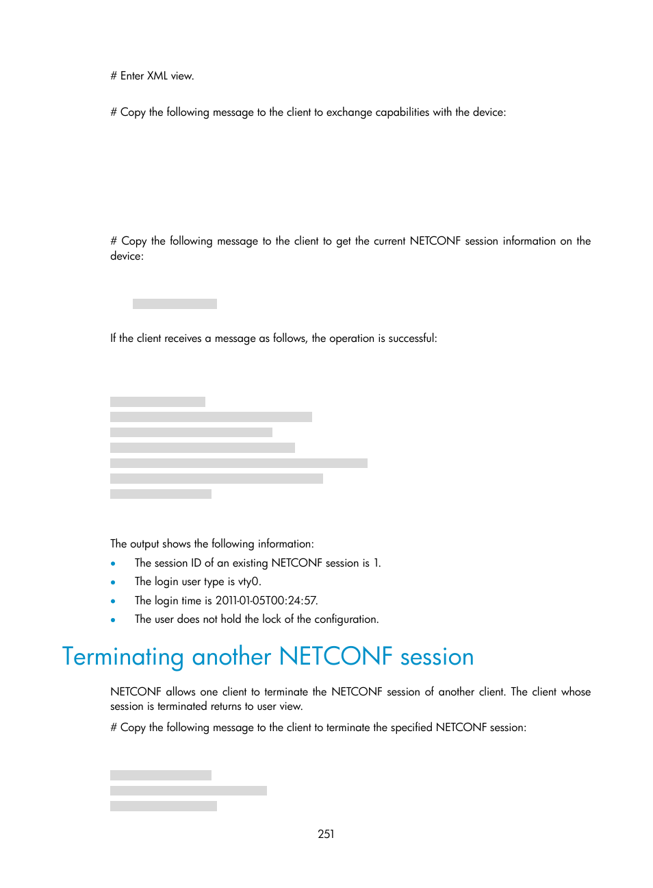 Terminating another netconf session | H3C Technologies H3C S6300 Series Switches User Manual | Page 264 / 306