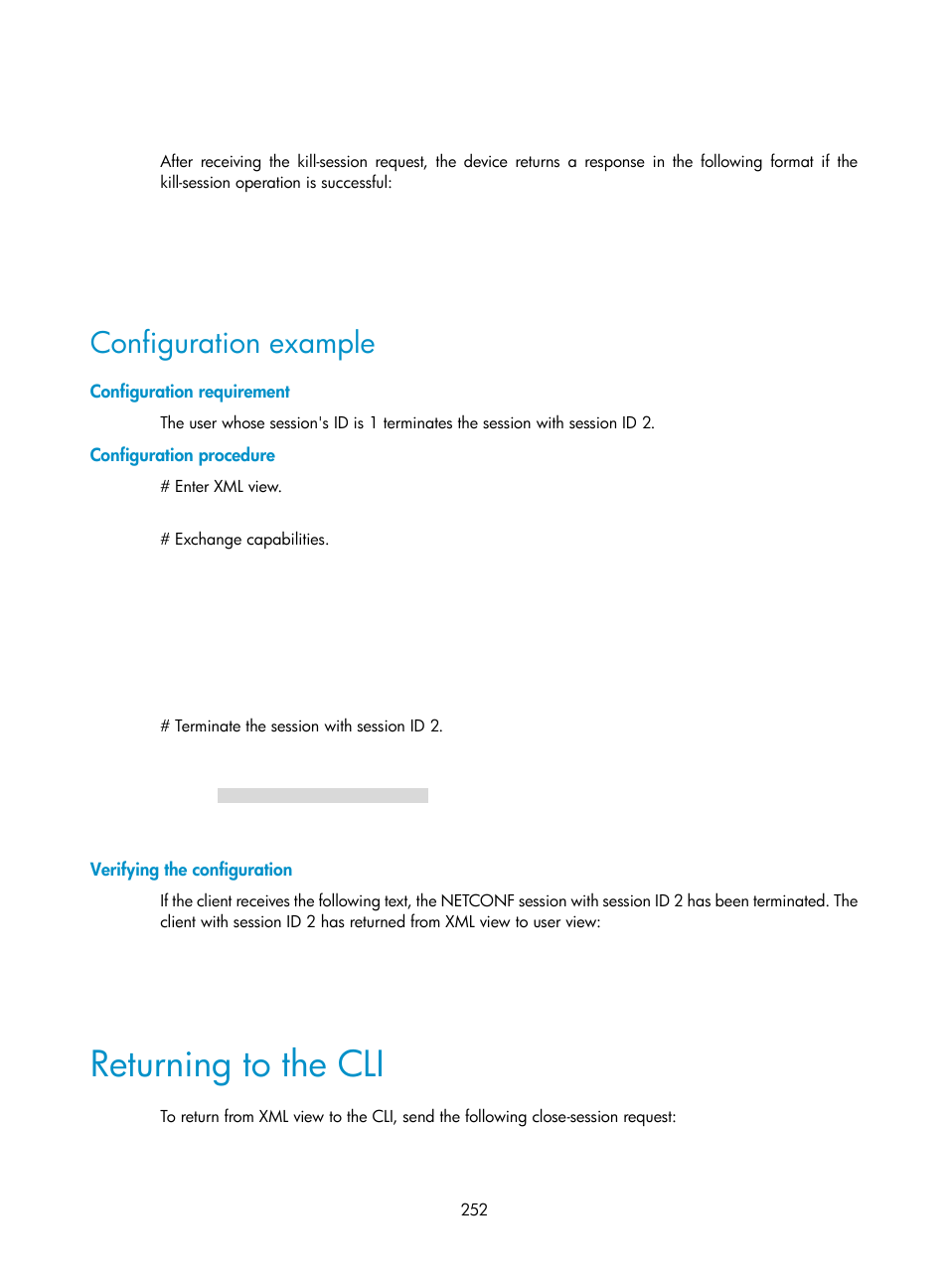 Configuration example, Configuration requirement, Configuration procedure | Verifying the configuration, Returning to the cli | H3C Technologies H3C S6300 Series Switches User Manual | Page 265 / 306