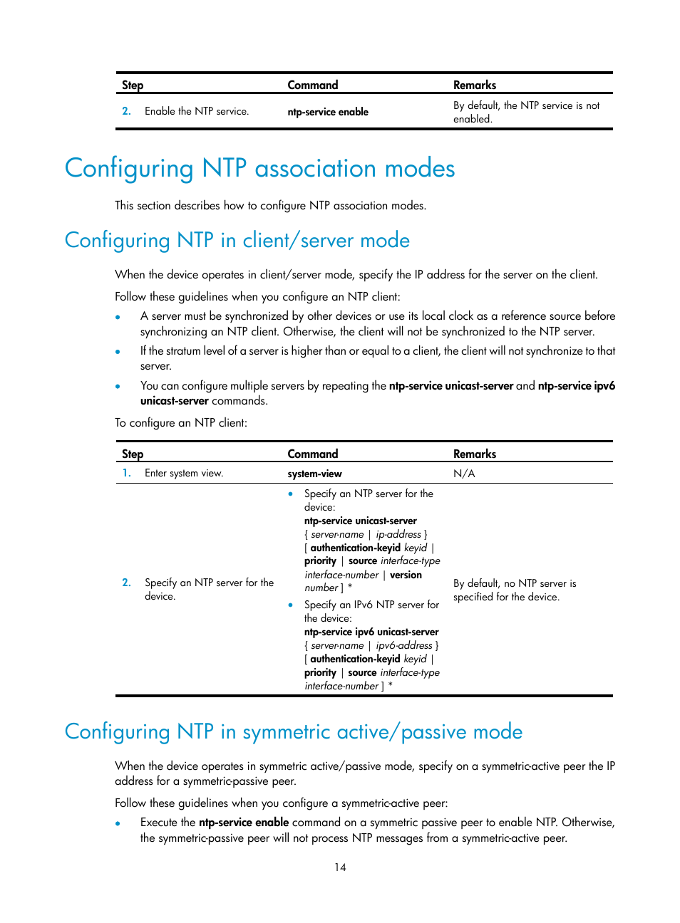 Configuring ntp association modes, Configuring ntp in client/server mode, Configuring ntp in symmetric active/passive mode | H3C Technologies H3C S6300 Series Switches User Manual | Page 27 / 306