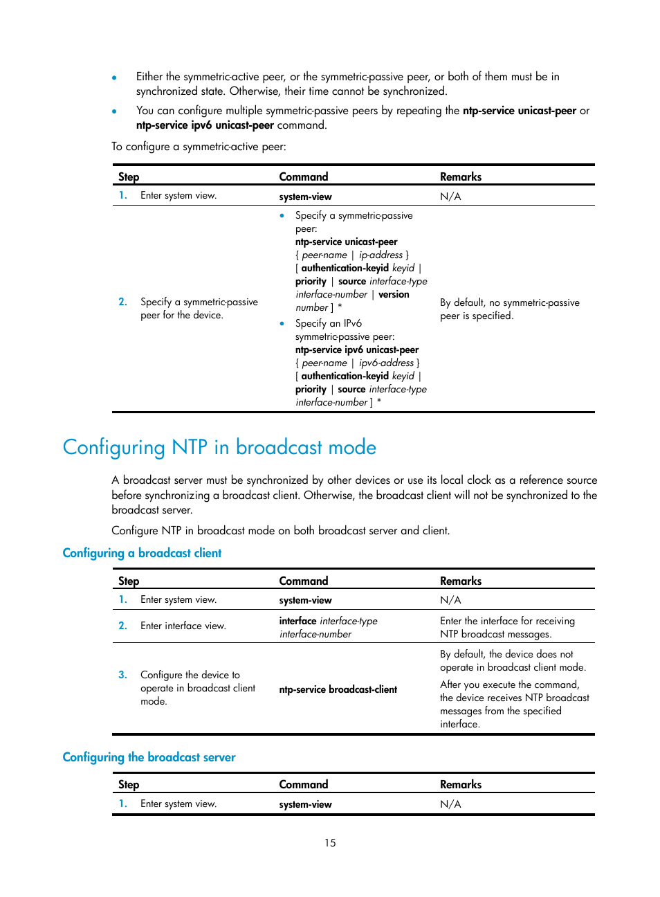 Configuring ntp in broadcast mode, Configuring a broadcast client, Configuring the broadcast server | H3C Technologies H3C S6300 Series Switches User Manual | Page 28 / 306