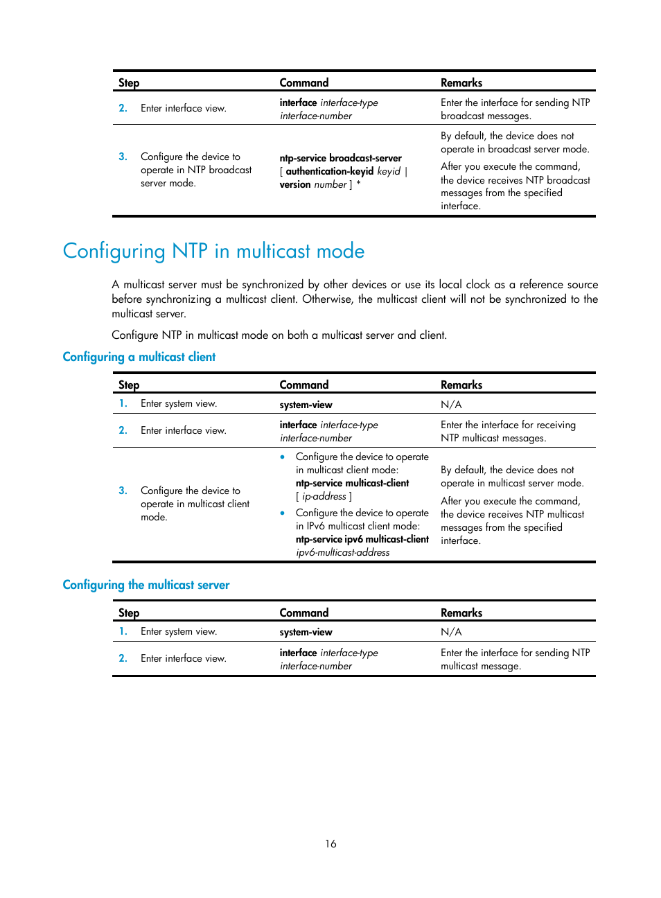 Configuring ntp in multicast mode, Configuring a multicast client, Configuring the multicast server | H3C Technologies H3C S6300 Series Switches User Manual | Page 29 / 306