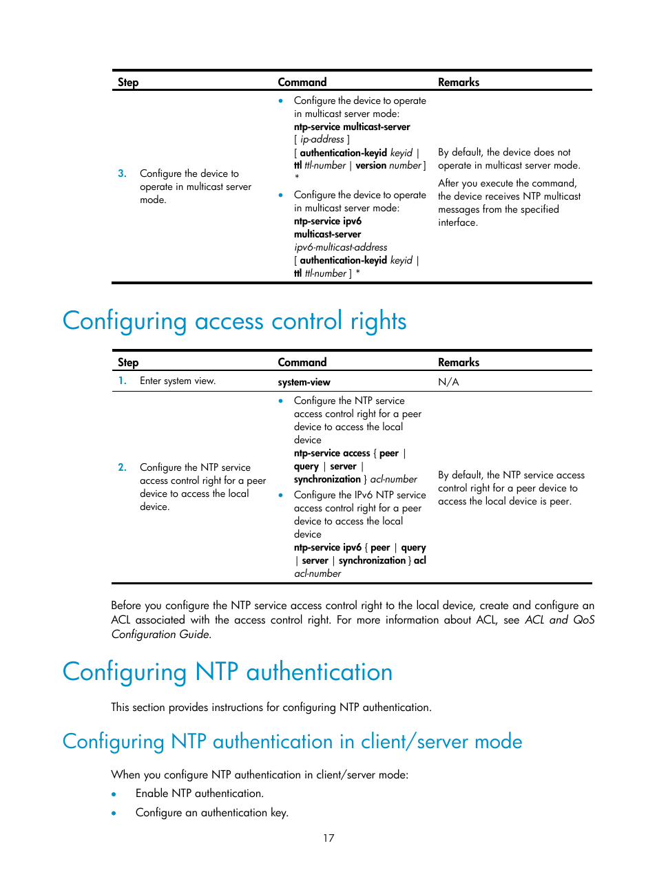 Configuring access control rights, Configuring ntp authentication | H3C Technologies H3C S6300 Series Switches User Manual | Page 30 / 306