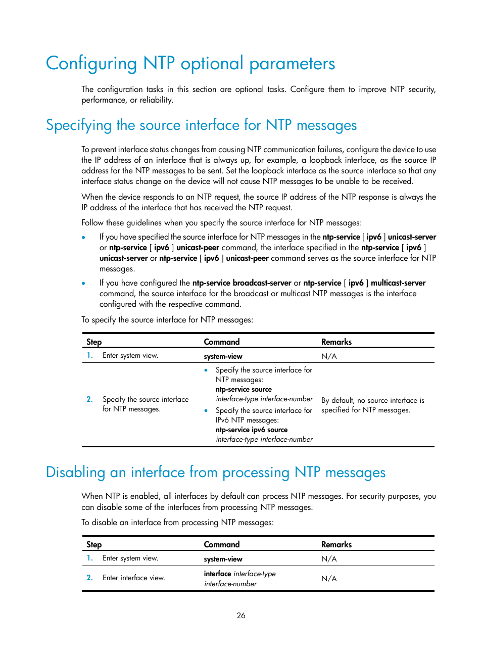 Configuring ntp optional parameters, Specifying the source interface for ntp messages | H3C Technologies H3C S6300 Series Switches User Manual | Page 39 / 306