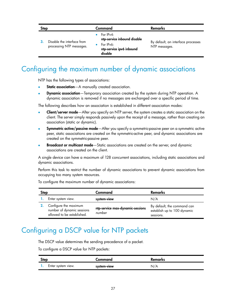 Configuring a dscp value for ntp packets | H3C Technologies H3C S6300 Series Switches User Manual | Page 40 / 306