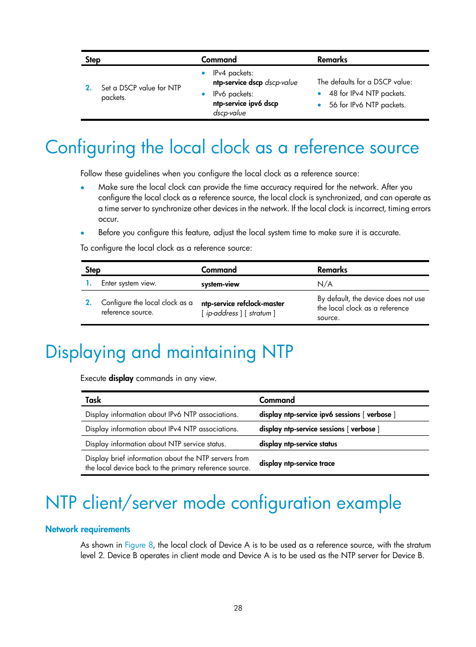 Configuring the local clock as a reference source, Displaying and maintaining ntp, Ntp client/server mode configuration example | Network requirements | H3C Technologies H3C S6300 Series Switches User Manual | Page 41 / 306