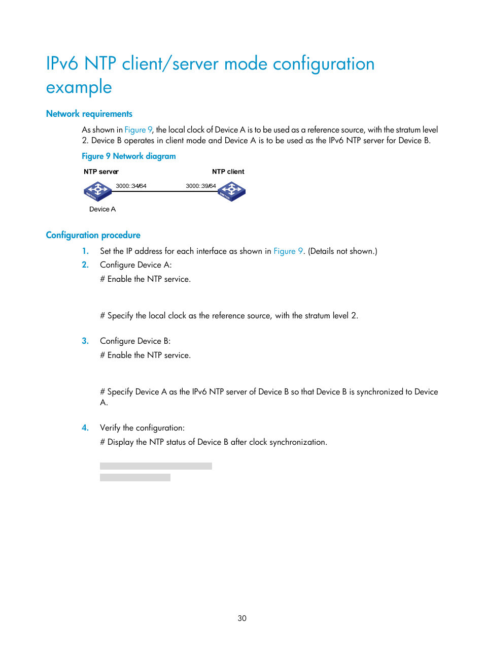 Ipv6 ntp client/server mode configuration example, Network requirements, Configuration procedure | H3C Technologies H3C S6300 Series Switches User Manual | Page 43 / 306