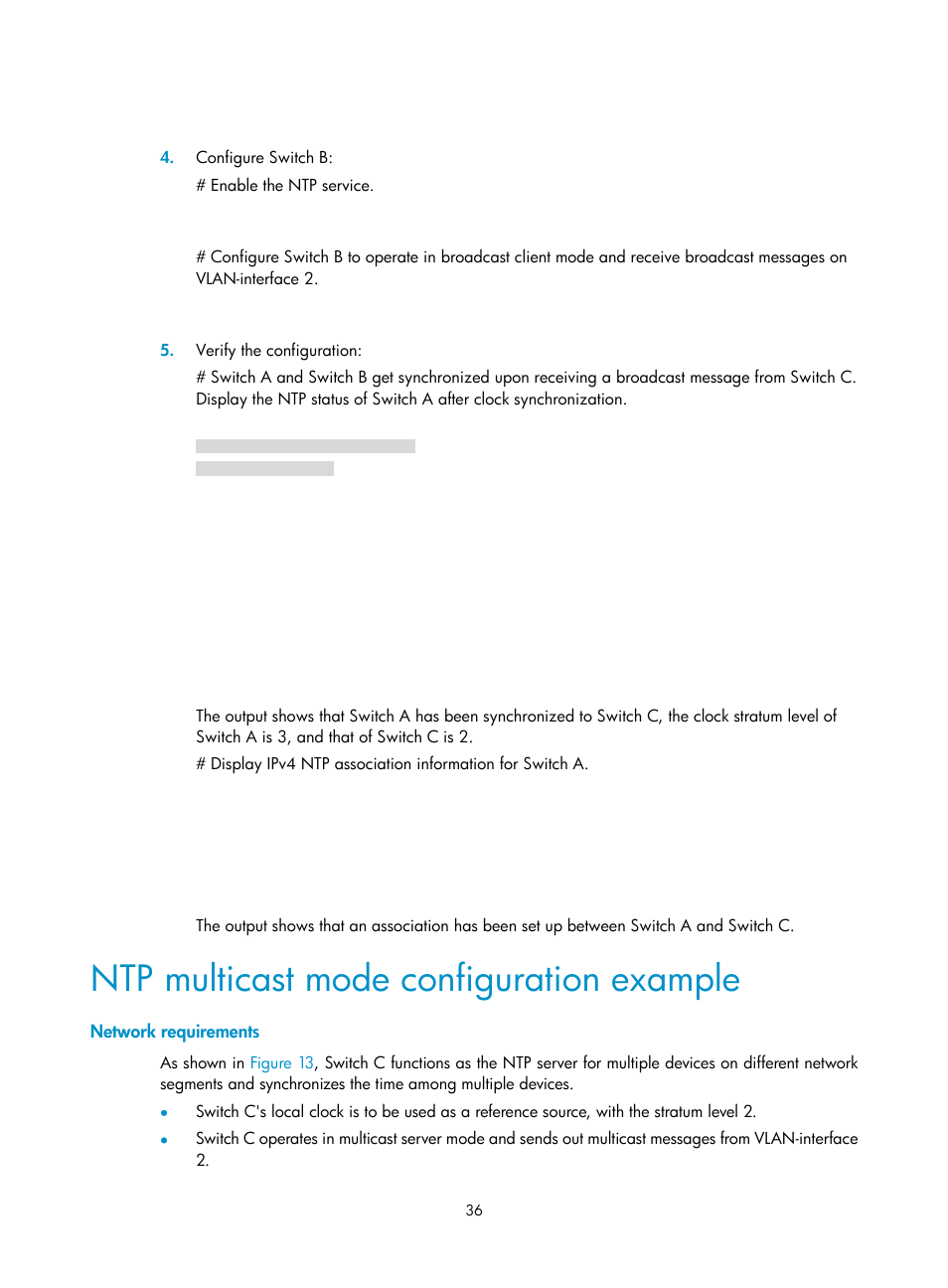 Ntp multicast mode configuration example, Network requirements | H3C Technologies H3C S6300 Series Switches User Manual | Page 49 / 306