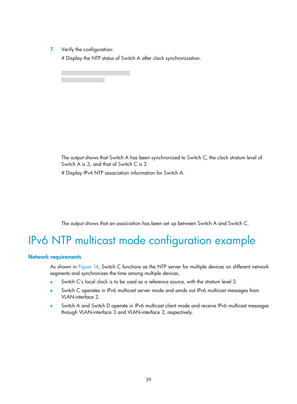 Ipv6 ntp multicast mode configuration example, Network requirements | H3C Technologies H3C S6300 Series Switches User Manual | Page 52 / 306