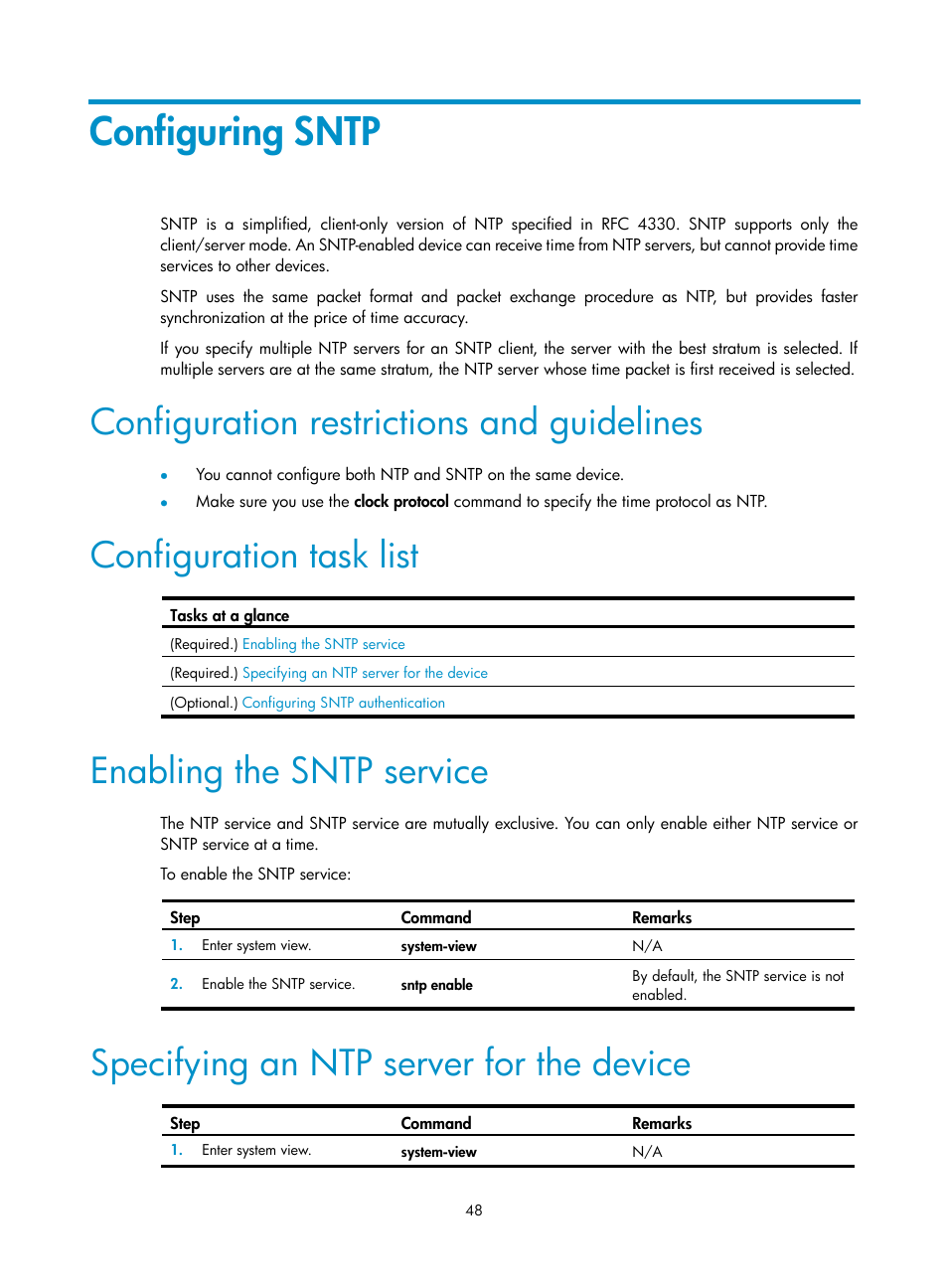 Configuring sntp, Configuration restrictions and guidelines, Configuration task list | Enabling the sntp service, Specifying an ntp server for the device | H3C Technologies H3C S6300 Series Switches User Manual | Page 61 / 306