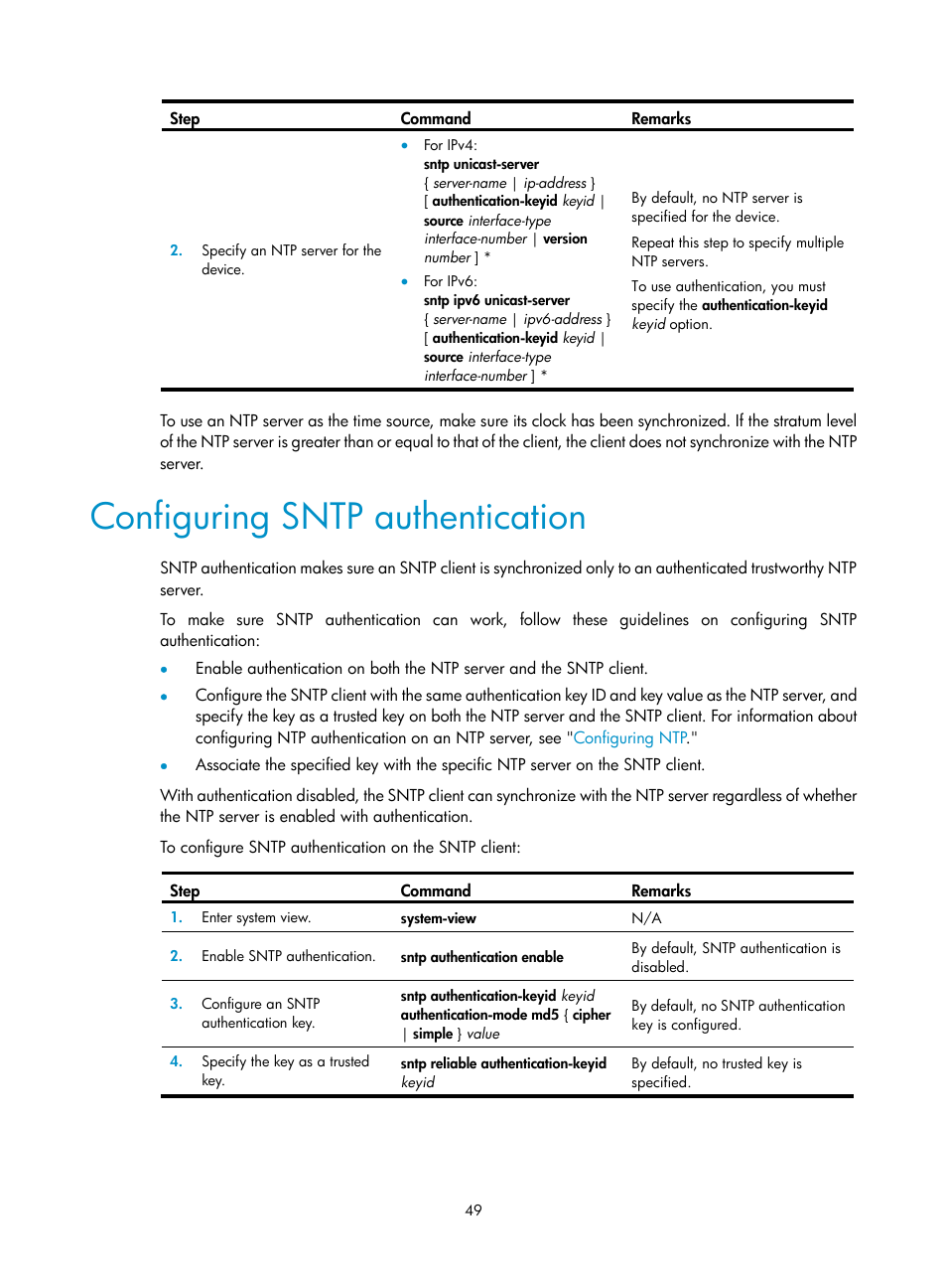 Configuring sntp authentication | H3C Technologies H3C S6300 Series Switches User Manual | Page 62 / 306