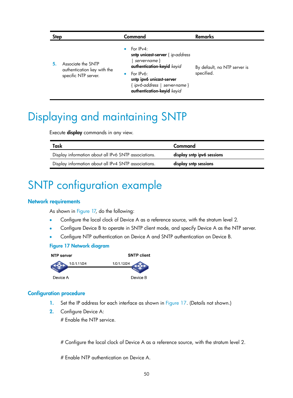 Displaying and maintaining sntp, Sntp configuration example, Network requirements | Configuration procedure | H3C Technologies H3C S6300 Series Switches User Manual | Page 63 / 306