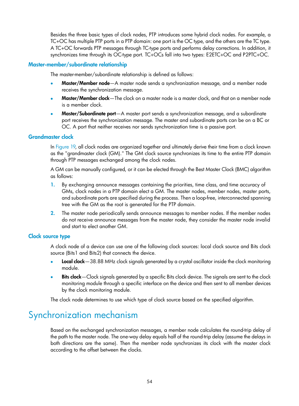 Master-member/subordinate relationship, Grandmaster clock, Clock source type | Synchronization mechanism | H3C Technologies H3C S6300 Series Switches User Manual | Page 67 / 306