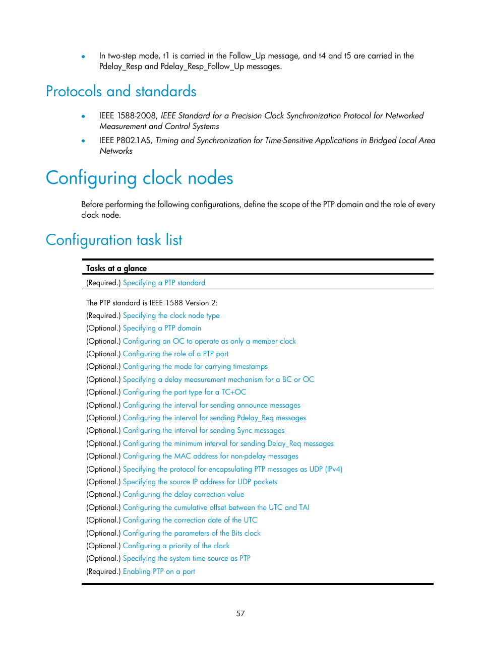 Protocols and standards, Configuring clock nodes, Configuration task list | H3C Technologies H3C S6300 Series Switches User Manual | Page 70 / 306